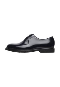 Navy polished leather dress shoe with a rounded toe, lace-up design, and a black rubber sole. Features minimal stitching and clean lines.