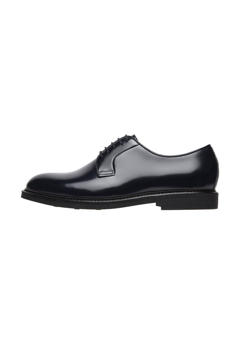 Navy polished leather dress shoe with a rounded toe, lace-up design, and a black rubber sole. Features minimal stitching and clean lines.