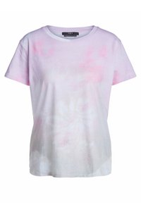 Camiseta de manga corta hecha de algodón orgánico, con un patrón de tie-dye en tonos pastel de rosa y blanco, con un corte holgado y cuello redondo.