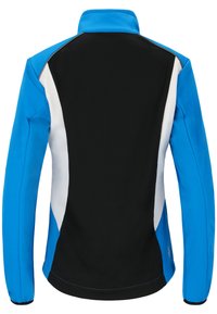 Sportliche Herrenjacke mit schwarzem Körper, blauen und weißen seitlichen Einsätzen, hohem Kragen, langen Ärmeln und glattem, strapazierfähigem Stoff.