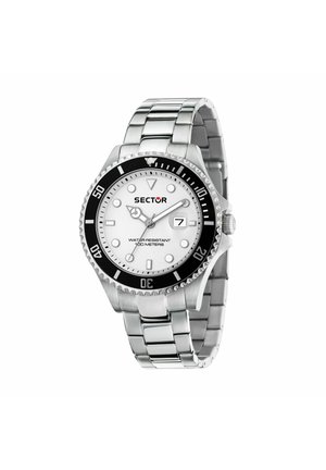 Orologio da polso in metallo argento con quadrante bianco, lunetta nera, finestra data alle 3 e resistenza all'acqua fino a 100 metri, marca Sector.