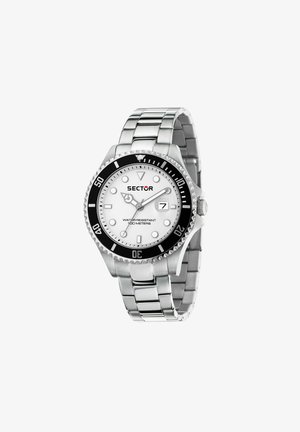 Orologio da polso in metallo argento con quadrante bianco, lunetta nera, finestra data alle 3 e resistenza all'acqua fino a 100 metri, marca Sector.