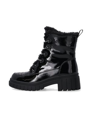 Black patent leather ankle boots with faux fur trim, lace-up design, chunky black heel, and textured rubber sole for traction.