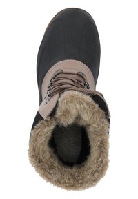 Black waterproof boot with brown faux fur lining and brown leather accents. Features lace-up design and textured rubber sole.