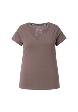 T-shirt a maniche corte e scollo a V in cotone marrone tenue; presenta una delicata stampa grafica vicino al colletto e un design a vestibilità regolare.