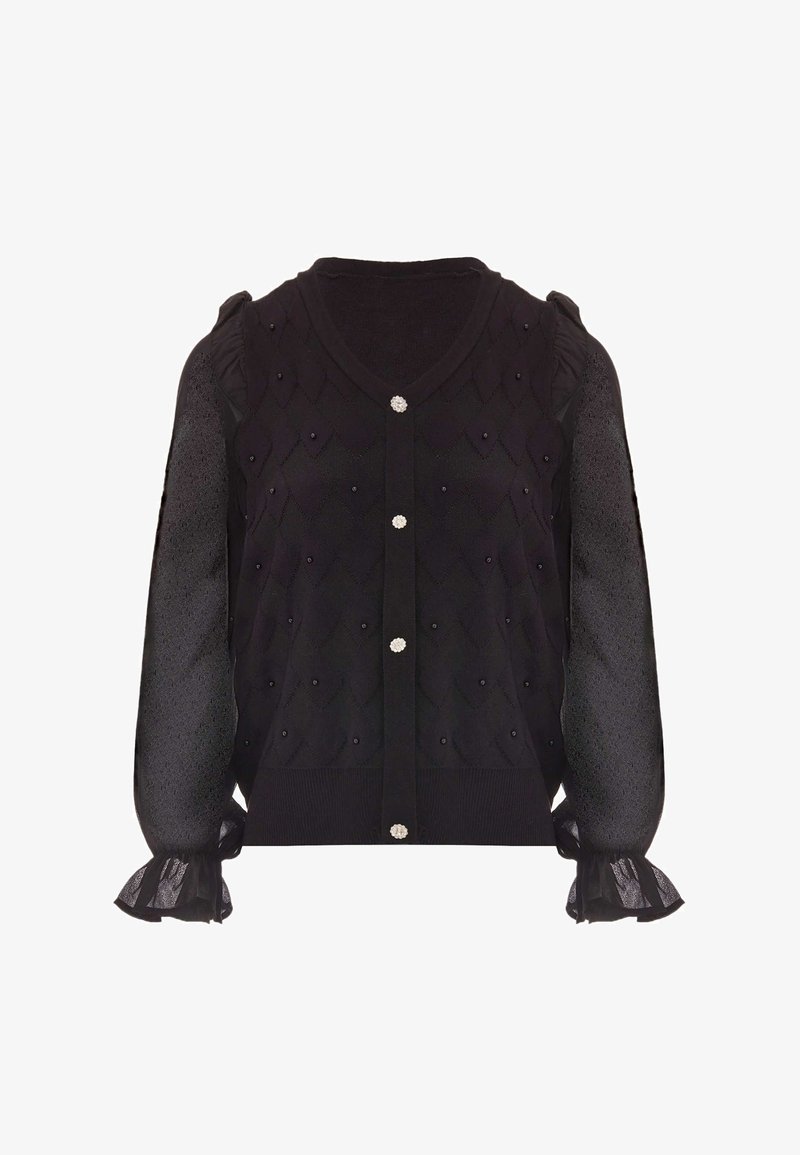 Fekete kardigán, texturált gyémántmintával, puffos áttetsző ujjakkal és díszítő gombokkal. Ráncolt mandzsettákkal és apró gyöngyökkel rendelkezik.
