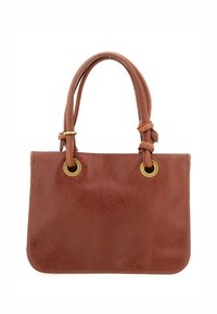 Borsa a mano in pelle marrone con due manici superiori, occhielli dorati rotondi, forma rettangolare e texture liscia. Senza motivi o accenti visibili.