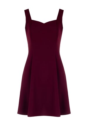 Burgundy dress with a fitted bodice, square neckline, and wide straps. Fabric has a smooth texture, flares into a flowing skirt.