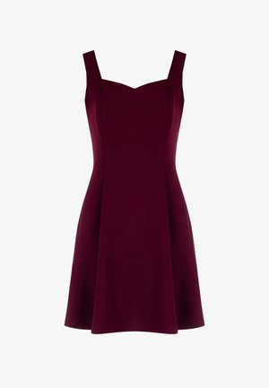Burgundy dress with a fitted bodice, square neckline, and wide straps. Fabric has a smooth texture, flares into a flowing skirt.