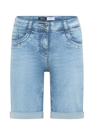 Lichtblauwe denimshorts met opgerolde omslagen, knoop aan de voorkant, rits en zijzakken, van het merk Cecil.
