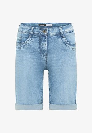 Short en denim bleu clair avec revers roulés, bouton devant, fermeture éclair et poches latérales, de la marque Cecil.