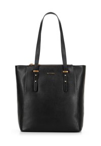 Borsa tote in pelle nera con finitura testurizzata, dettagli in metallo dorato, doppi manici e chiusura a zip.