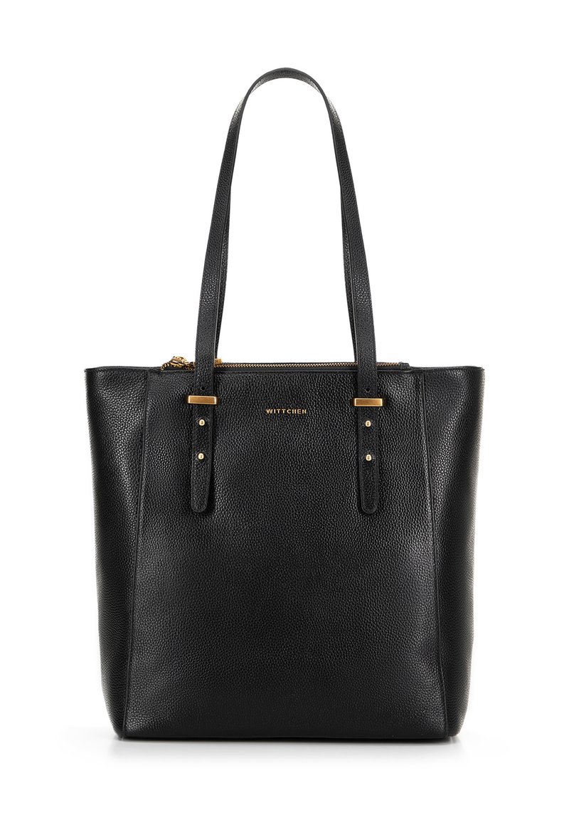 Borsa tote in pelle nera con finitura testurizzata, dettagli in metallo dorato, doppi manici e chiusura a zip.
