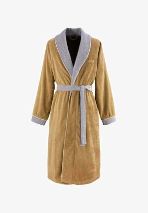Accappatoio in spugna color cachi con colletto a scialle e polsini a fantasia grigia, dotato di cintura abbinata e marchio discreto sul petto.