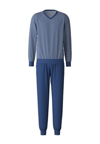Marineblauwe twee-delige outfit bestaande uit een lange mouw, V-hals top met een gemusterde textuur en bijpassende taps toelopende broek met elastische boorden.