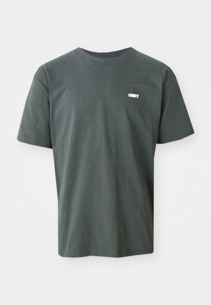 Dark green cotton t-shirt with short sleeves, round neck, featuring a small white "OBEY" logo on the left chest area.