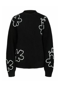 Pull en tricot noir avec broderies florales blanches et accents ondulés sur les manches. Doté d'un col rond et de poignets côtelés.