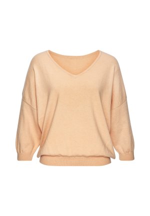 Peach-colored V-neck sweater with dropped shoulders and 3/4 length puff sleeves, ribbed cuffs, and hem.