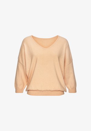 Peach-colored V-neck sweater with dropped shoulders and 3/4 length puff sleeves, ribbed cuffs, and hem.