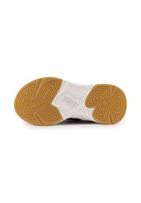 Semelle en caoutchouc avec un intercalaire blanc et une semelle extérieure brune texturée. Présente des rainures ondulées et un logo sur la zone blanche.