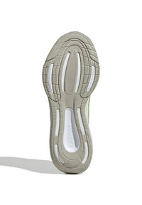 Laufschuhsohle aus hellgrauem Gummi, mit strukturiertem Profil und weißen Schaumakzenten. Auffällige Rillen für Traktion und Dämpfung.