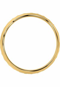 Rund, guldfarvet metalramme med en glat, poleret overflade og let tekstureret, bølget kant.