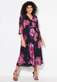 Ulla Popken - SHEER FLORAL LAYERED WRAP LOOK - Jerseyjurk - marine Miniatuurafbeelding 1