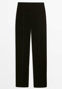 Pantalon noir à coupe droite, avec des coutures latérales et une texture lisse. Aucun élément métallique visible ni motifs. Finition soignée.