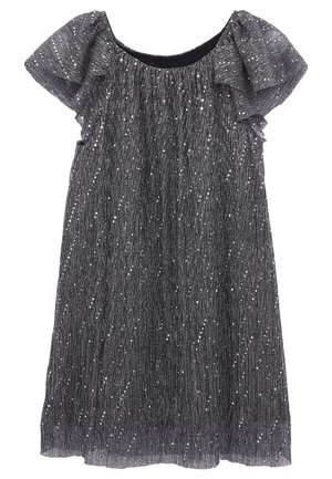 Robe noire à manches courtes avec tissu plissé et détails en sequins argentés sur toute la matière.
