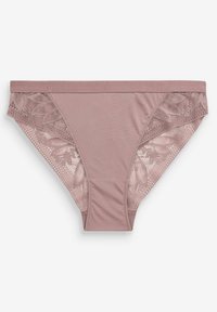 Mauve ondergoed met een gladde voorkant, kanten accenten aan de zijkanten en een textuur band. Het ontwerp bevat bloemige kantpatronen.