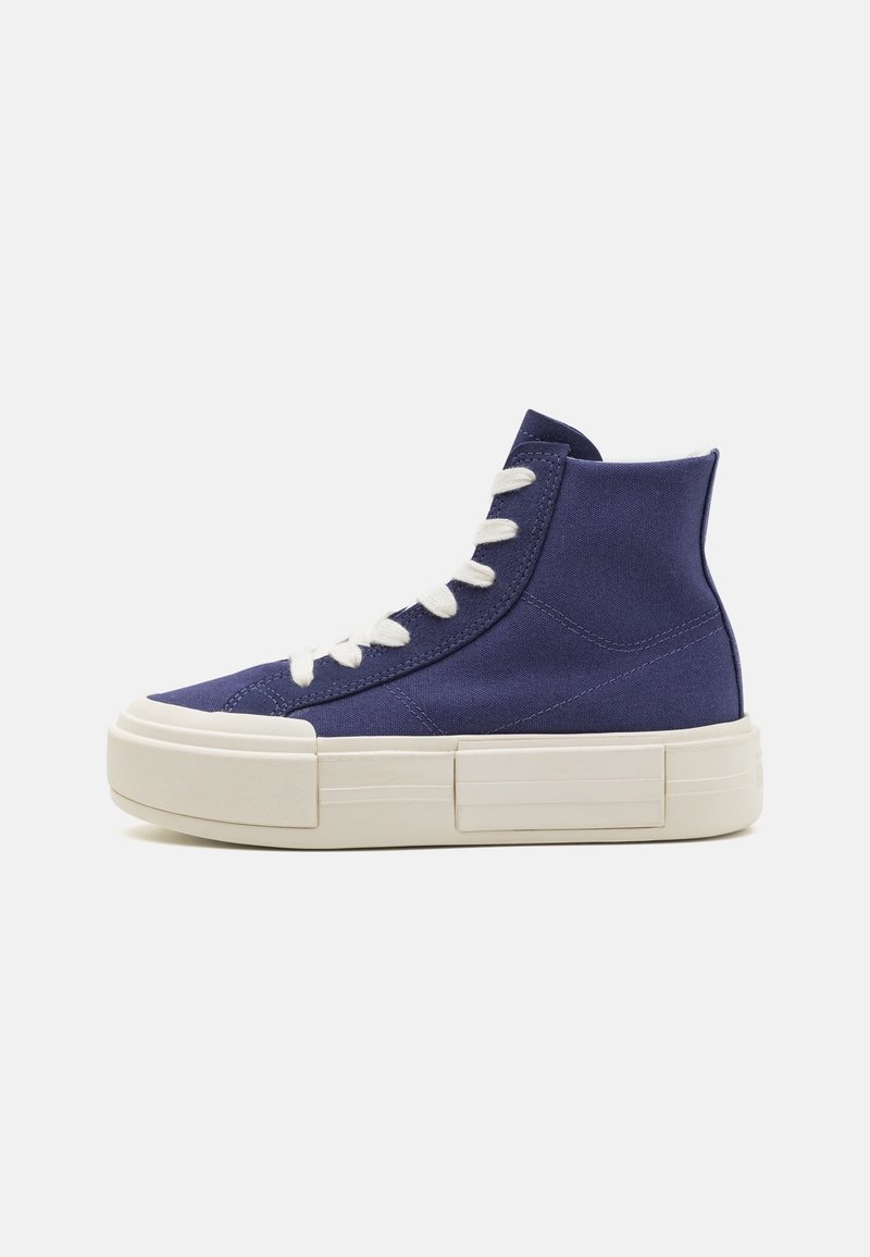 High-top sneaker made of navy-blue canvas with white laces and a textured rubber sole, featuring prominent horizontal detailing on the sole.