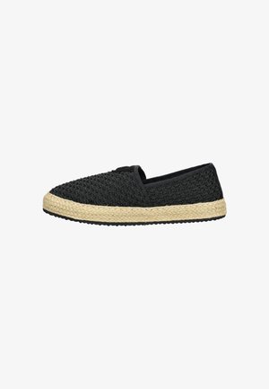 Scarpe slip-on nere in tessuto intrecciato con tomaia testurizzata, suola intermedia in juta stile espadrillas e suola esterna in gomma nera. Nessun hardware o decorazioni visibili.