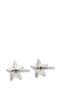 Ein Paar kleine silberne Ohrstecker in Sternform mit "925"-Stempel auf den Füllungen vor weißem Hintergrund.