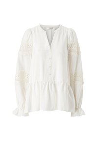 Weiße Bluse mit einem Peplum-Silhouette, die lange Ärmel mit Spitzeinsätzen und einen knopfgeschlossenen V-Ausschnitt hat. Ein weicher, strukturierter Stoff rundet das Design ab.