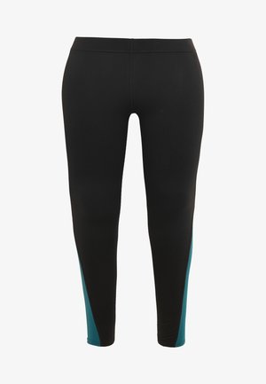Zwarte leggings met een aansluitend ontwerp, voorzien van teal gaaspanelen aan de zijkanten voor ventilatie. Gemaakt van rekbaar materiaal.