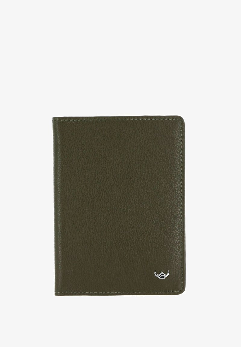 Portefeuille en cuir texturé vert foncé avec des bords arrondis et un petit logo argenté avec des cornes dans le coin inférieur droit.