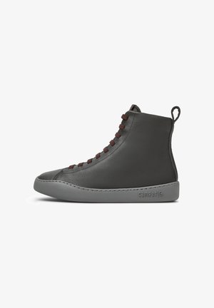 High-top gray leather sneaker with brown laces and a gray sole, featuring a back loop for easy wear. Brand logo visible on the sole.
