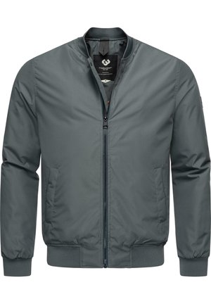 Veste bomber grise avec fermeture éclair à l'avant, poignets et ourlet côtelés, deux poches latérales et un petit col, présentée de face.