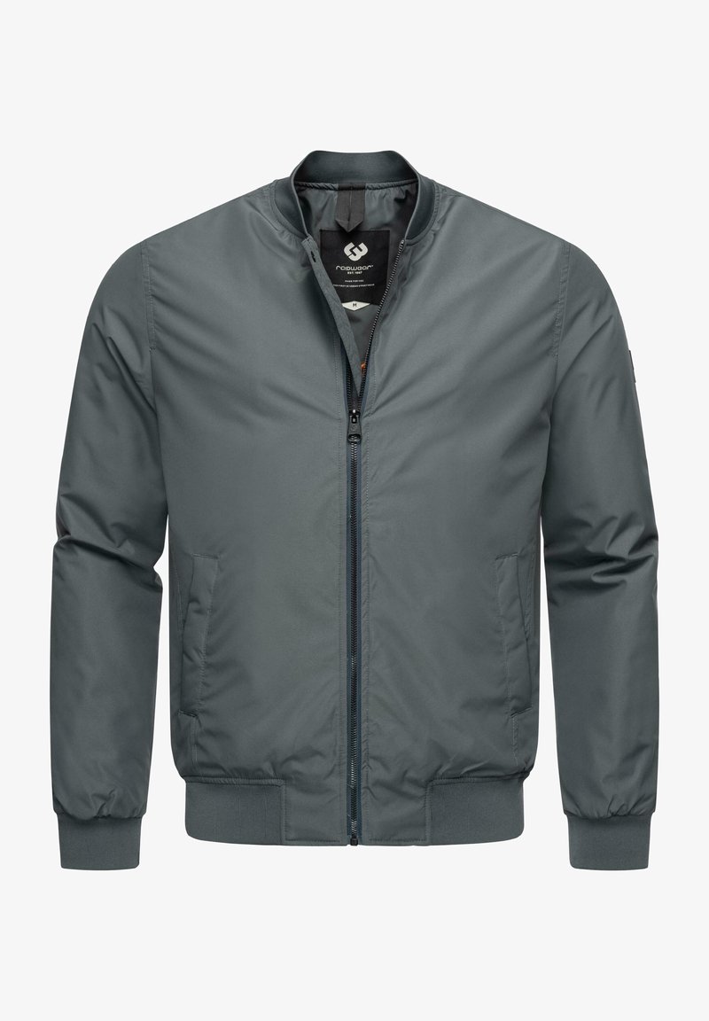 Veste bomber grise avec fermeture éclair à l'avant, poignets et ourlet côtelés, deux poches latérales et un petit col, présentée de face.