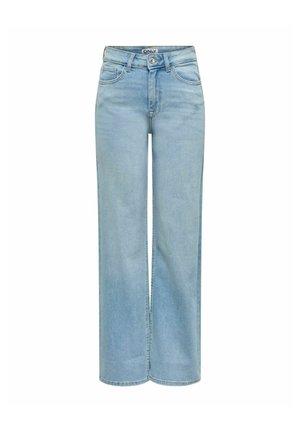 Jean bleu clair taille haute à jambes larges avec poches avant, passants pour ceinture, fermeture par bouton et l'étiquette "ONLY" sur la ceinture.