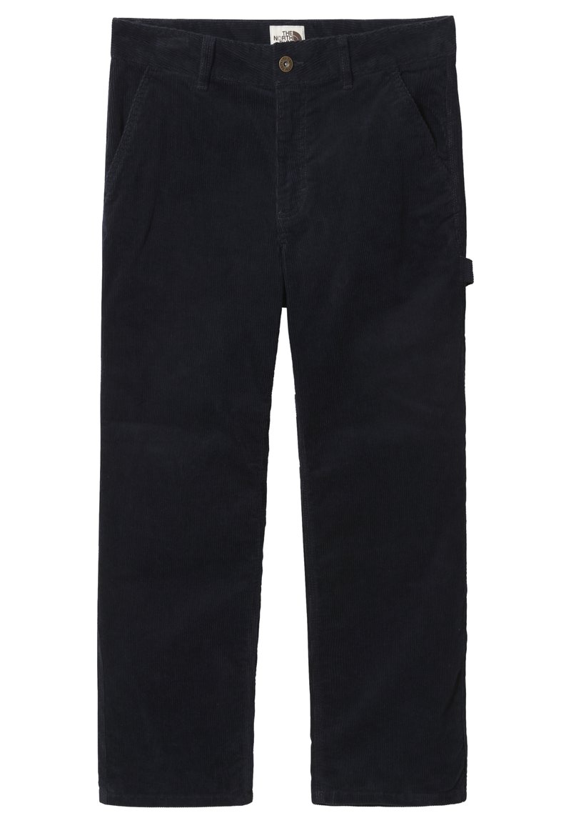 Pantaloni in corduroy blu navy con gamba dritta, cinque tasche, chiusura con bottone in ottone e etichetta sulla parte posteriore della vita.