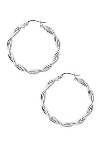 Orecchini a cerchio intrecciati in argento con una finitura lucida, caratterizzati da un design senza soluzione di continuità e una chiusura sicura nella parte superiore.