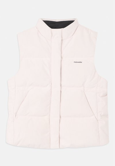 Light pink padded vest with high collar, front opening, and two side pockets. Features black interior lining and small logo on the front.