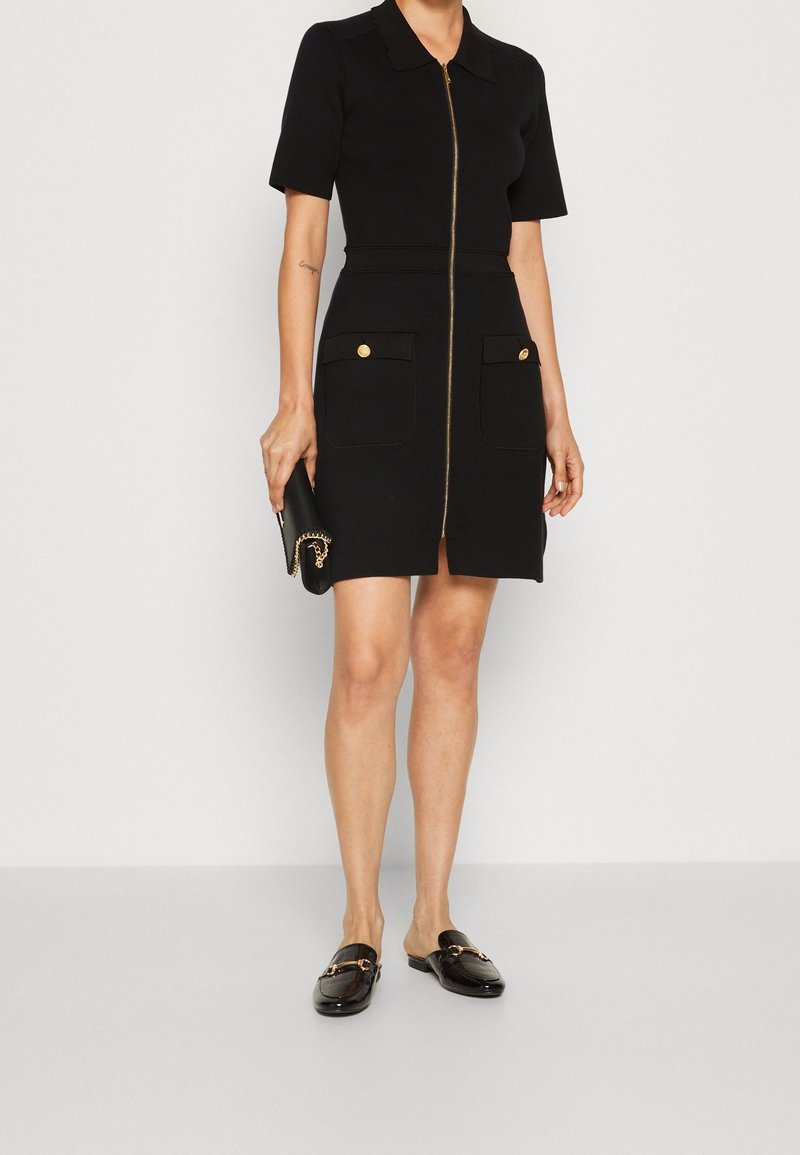 black dress with gold zipper in front Women's Sleeveless Midi LBD With Multiple Gold Zippers Black 8 / Black