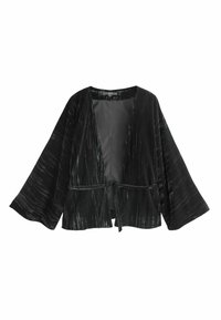 Black velvet kimono jacket with wide sleeves, open front, and a tie closure at the waist. Features a textured fabric with subtle sheen.
