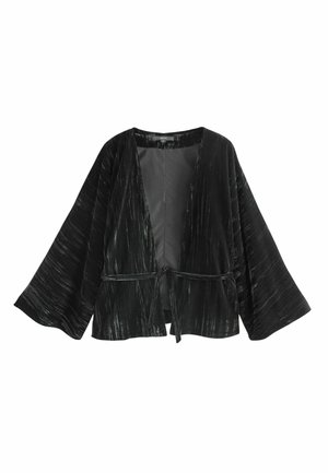 Black velvet kimono jacket with wide sleeves, open front, and a tie closure at the waist. Features a textured fabric with subtle sheen.