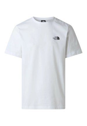 T-shirt bianca a maniche corte con scollo rotondo e piccolo logo nero The North Face sul petto a sinistra.
