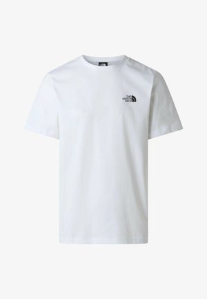 T-shirt bianca a maniche corte con scollo rotondo e piccolo logo nero The North Face sul petto a sinistra.