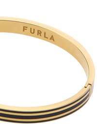 Aukso metalinis apyrankė su juodais ir auksiniais dryžiais. Yra lygus paviršius ir išgraviruotas prekės ženklas "Furla" vidinėje pusėje.