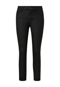 Czarne dżinsy o dopasowanym kroju, wykonane z gładkiego denimu, z pięcioma kieszeniami, z przodem zamykanym na guzik i minimalistycznymi detalami w szwie.